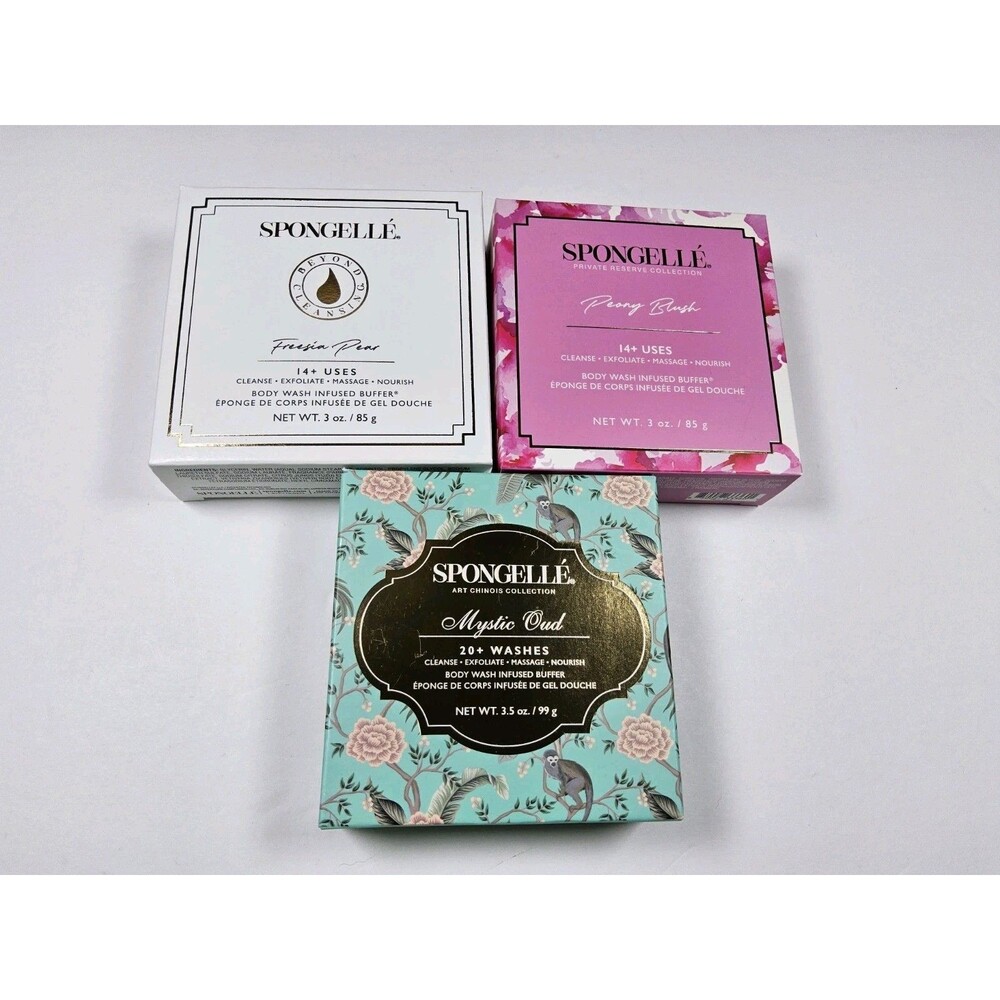 Spongelle Lot Of 3 Mystic Oud, Peony Blush, Freesia Pear Body Wash Buffer - New
